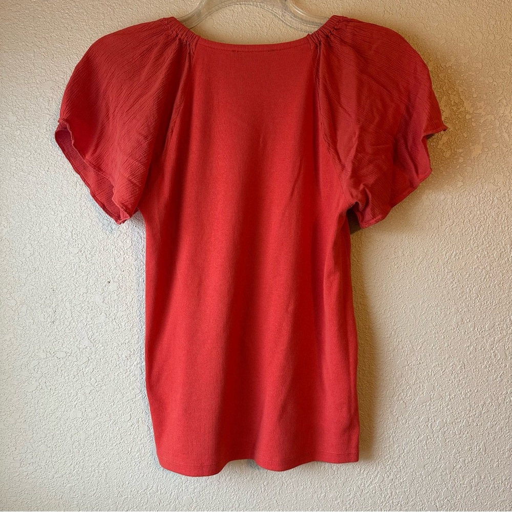LOFT Ribbed Flutter Sleeve Mixed Media Top - Bright Paprika - Size M - Picture 6 of 6